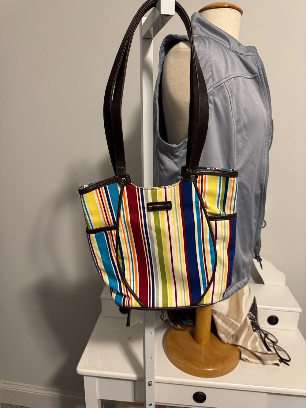 Longaberger Multi-Stripe Tote with Dark Brown Handles